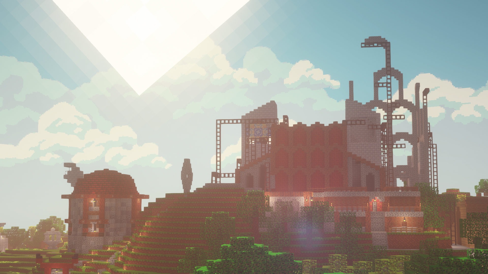 Screenshot of cathedral in construction with sunset