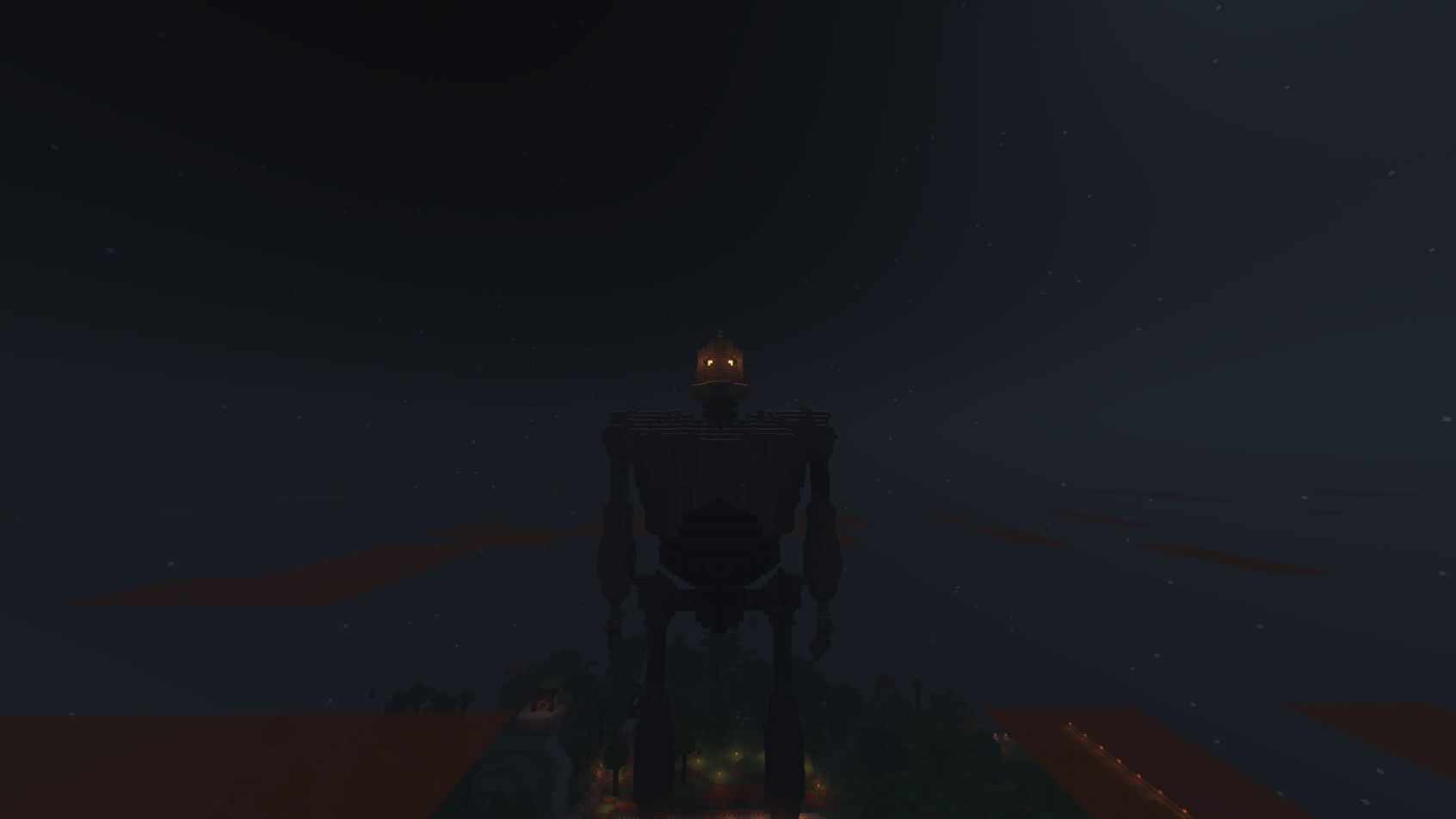 Screenshot of the Iron Giant at night, with the eyes glowing